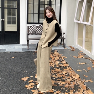 卡其色小香风单排扣马甲套装女2025秋季简约风高级感阔腿裤两件套图片