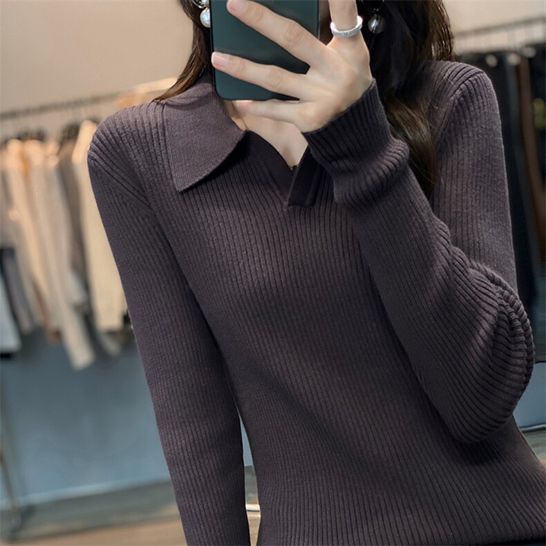 女装POLO领针织衫秋季新款慵懒风长袖毛衣显瘦百搭舒适保暖图片