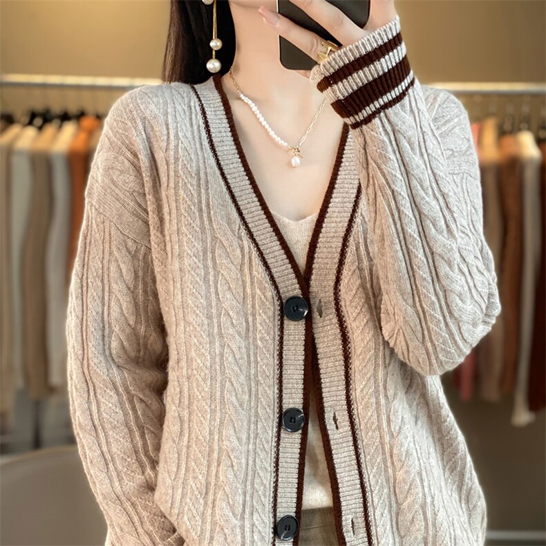 时尚百搭秋冬款羊毛V领扭花针织开衫毛衣外套女,女装羊毛衫,秋虹羊绒