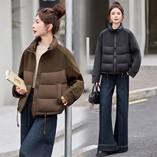 2025年冬季时尚立领拼接毛呢短款面包羽绒服女冬季保暖外套，女装羽绒服，自然秀