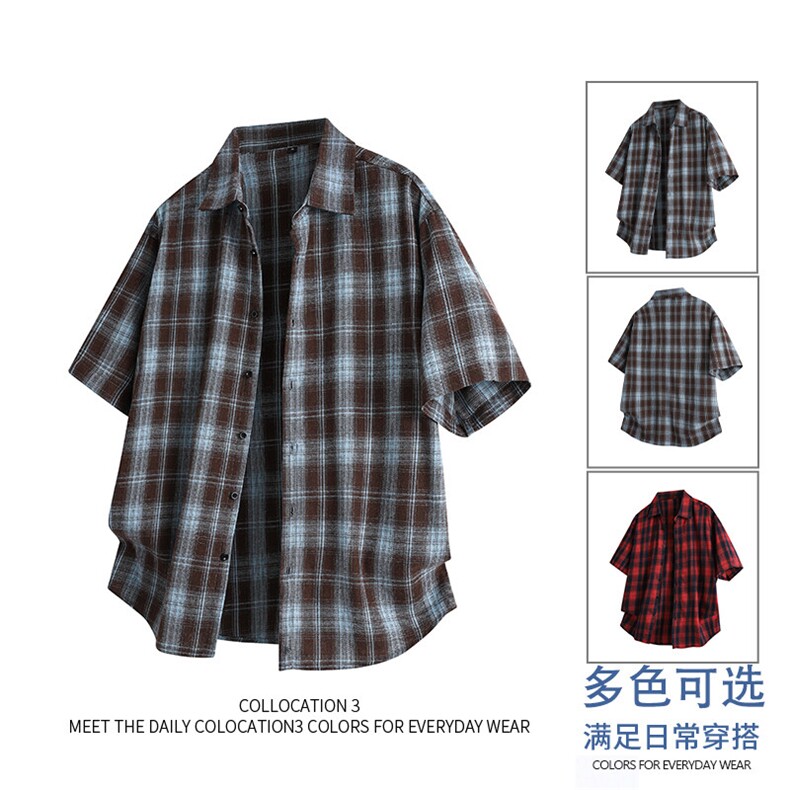 新款跨境专版宽松潮流短袖格子衬衫男,男装衬衫,星座1107-1
