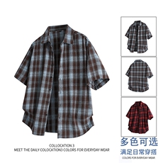 新款跨境专版宽松潮流短袖格子衬衫男，男装衬衫，星座1107-1