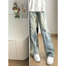 高街磨破猫须设计做旧cleanfit牛仔裤男直筒宽松拖地裤L83655-P45，男装牛仔裤，星座1008
