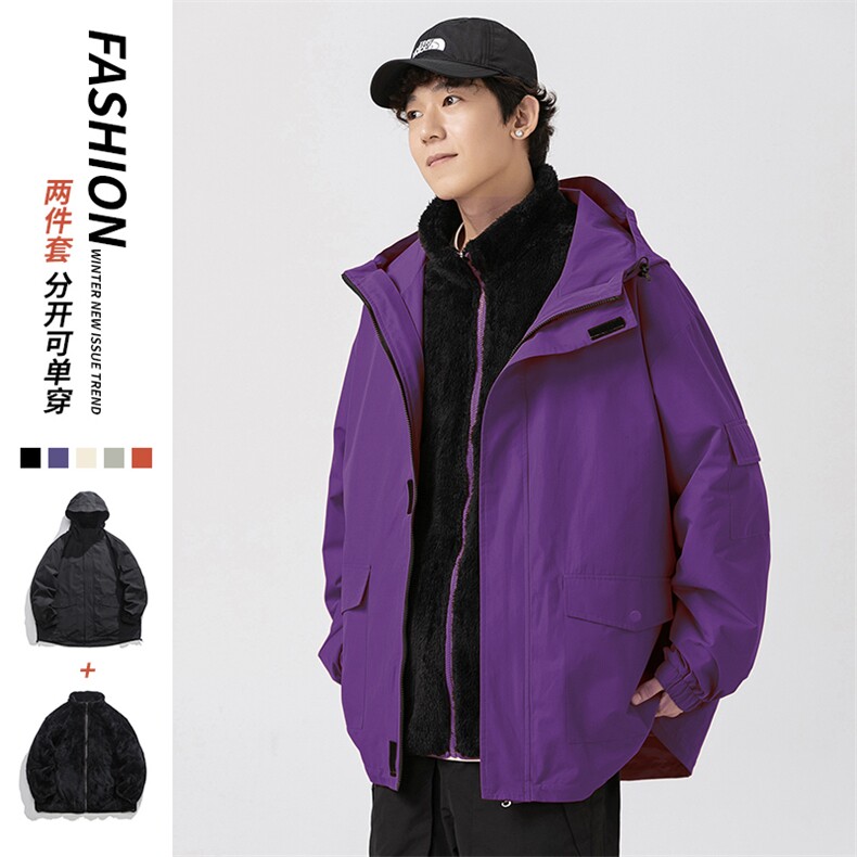 秋冬三合一连帽双层冲锋衣纯色宽松港风情侣棉袄外套MY9318P-115,女装短外套,电商A128