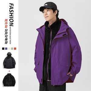 秋冬三合一连帽双层冲锋衣纯色宽松港风情侣棉袄外套MY9318 P-115图片