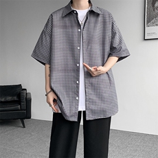 8XL-M短袖衬衫男夏宽松慵懒风痞帅条纹格子衫半袖外套DC28005P40，男装衬衫，电商B312