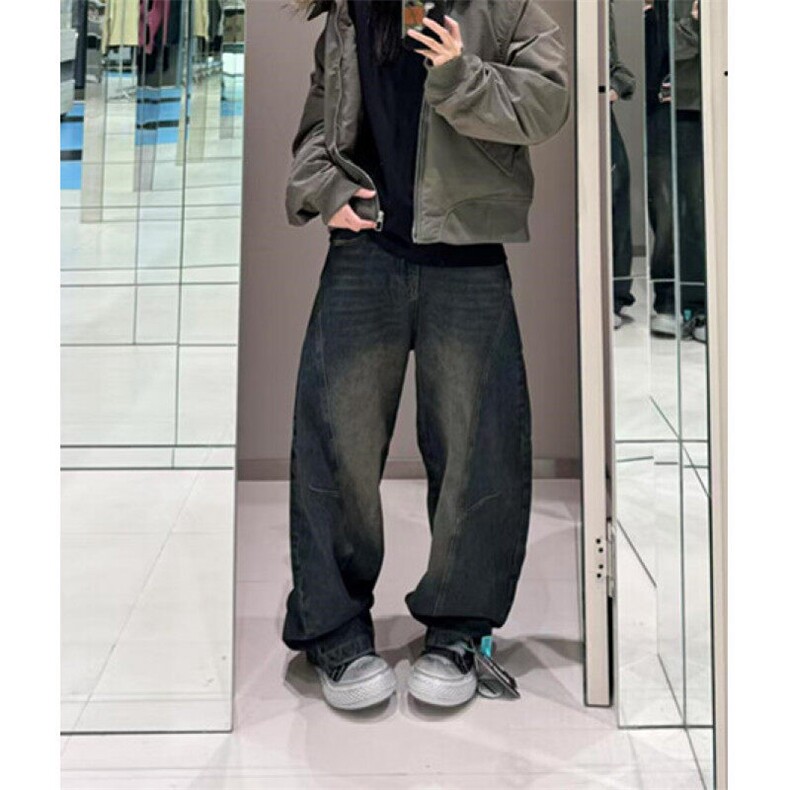 复古水洗解构弯刀牛仔裤男女宽松直筒美式休闲阔腿拖地裤N1049,男装牛仔裤,星座1116A（原606A-3）