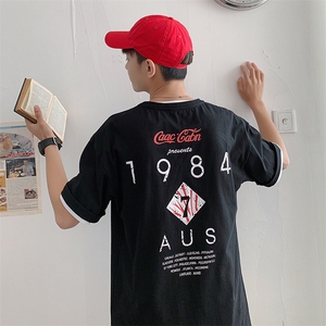 2021夏季新款港风潮流韩版宽松情侣字母印花男装短袖T恤T83图片