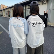 2026新款美式高街字母刺绣正肩长袖t恤女设计感小众情侣潮牌上衣，男装T恤，星座506A