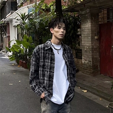 2025春季新款衬衫男女长袖蜡染格子街头潮流宽松翻领衬衣毛边个性，男装衬衫，星座506A