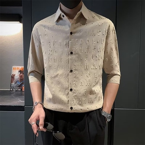 衬衫男短袖潮牌冰丝七分袖男装夏季衣服休闲痞帅半袖衬衣潮 C305图片