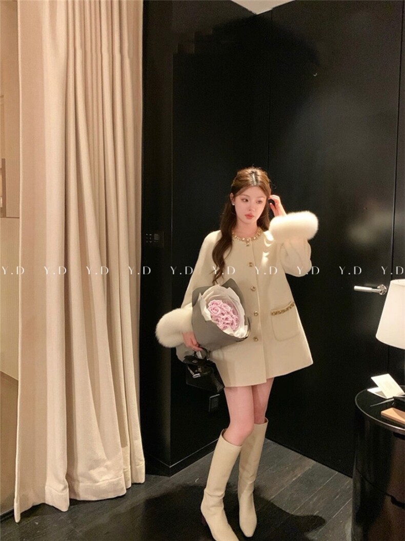 【依嘟】狐狸毛袖手工钻领女富家千金感小个子羊毛外套(配可拆卸,女装毛呢外套,依嘟服饰