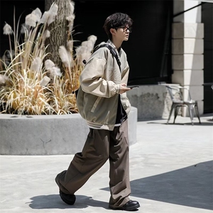 日系街头PU皮拼接棒球服男2022潮牌复古宽松情侣休闲百搭外套图片