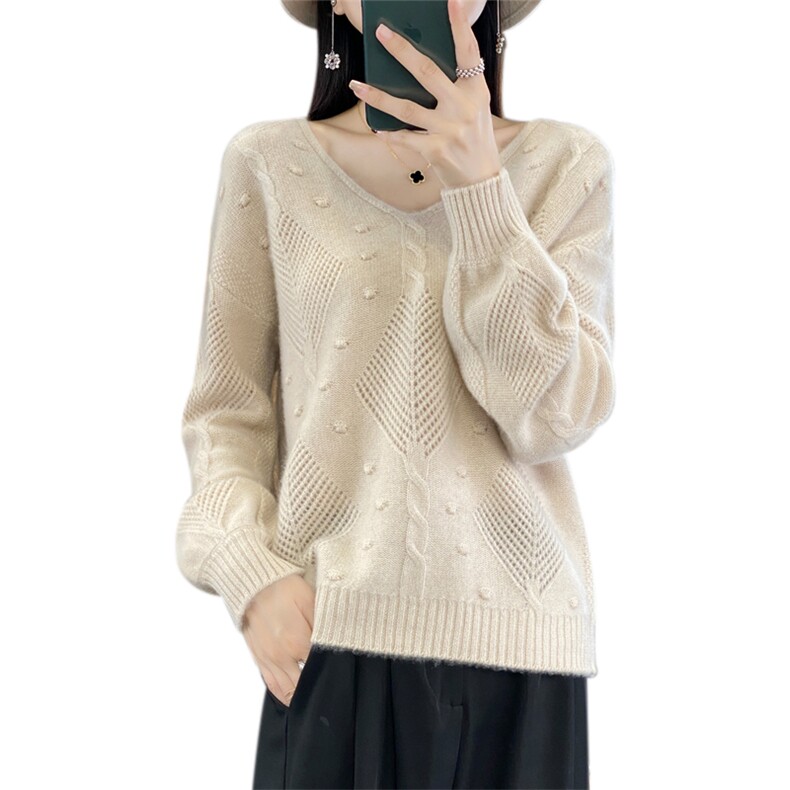 25新款100%纯羊毛衫女V领镂空提花宽松针织衫显瘦羊绒衫打底毛衣,女装羊毛衫,迅太羊绒