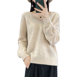 25新款100%纯羊毛衫女V领镂空提花宽松针织衫显瘦羊绒衫打底毛衣图片