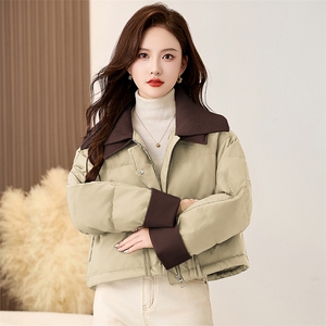小个子短款羽绒服女2025冬季新款韩版洋气pu皮针织翻领白鸭绒外套图片