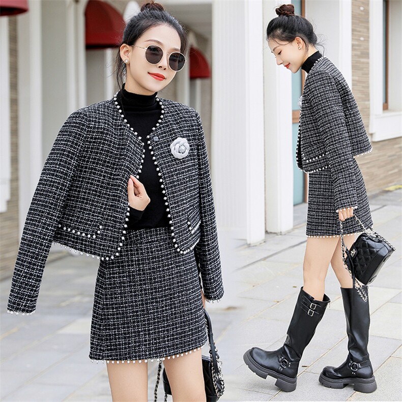 现货2024新款冬装法式小香粗纺白鸭绒短裙套装,女装套装/套裙,仟媚宠
