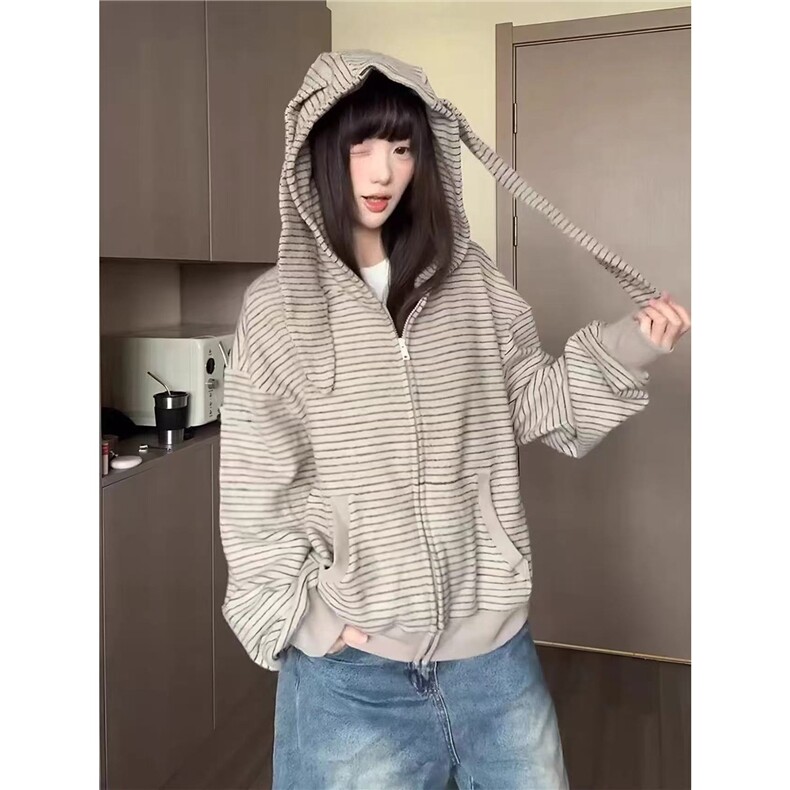 CN1012-P83网图兔耳朵男女条纹开衫外套秋季新款宽松拉链衫上衣，女装短外套，电商C233B