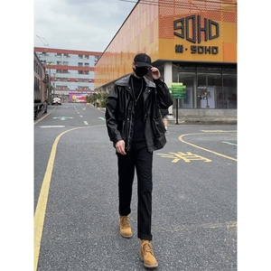 搭配马丁靴皮衣的休闲裤仿牛仔裤男秋冬机车风痞帅1412-2/612/P48图片