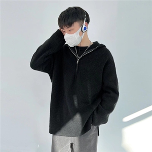秋季潮套头休闲常规水洗慵懒风百搭纯色拉链宽松连帽毛衣长袖带帽图片