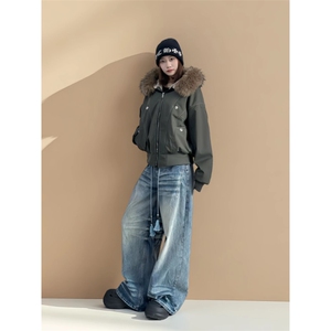 潮美式座山雕棉服女冬季cleanfit设计感短款加绒加厚派克服棉衣图片