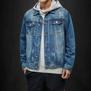 男士牛仔外套秋季潮流韩版工装夹克男潮牌日系牛仔衣8195图片