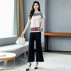 套装/套裙2022年夏季时尚气质优雅圆领插袋条纹长裤两件套，女装套装/套裙，时尚俏佳人