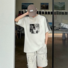 抖音得物高品质二开240克宽松纯棉美式潮牌三条杠织带短袖T恤，男装T恤，电商A486-1