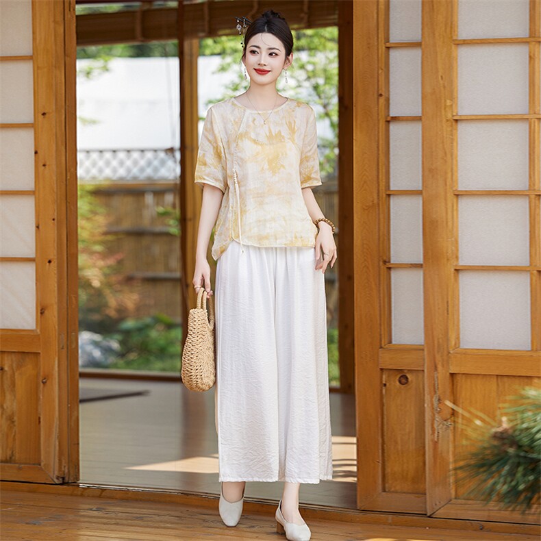 亚麻休闲裤套装女复古两件套高端苎麻印花上衣新款夏装棉麻短袖,女装套装/套裙,衣之秀