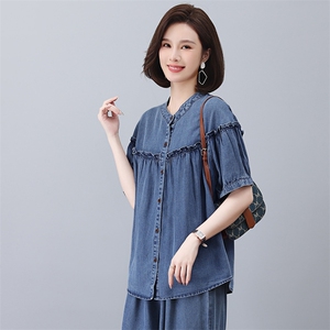 时尚宽松牛仔短袖衬衫 夏季百搭休闲女装上衣图片
