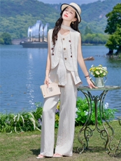 （新款现货）2026夏装时尚莱赛尔蕾丝刺绣马甲+屁帘阔腿裤两件套，女装套装/套裙，印象茜