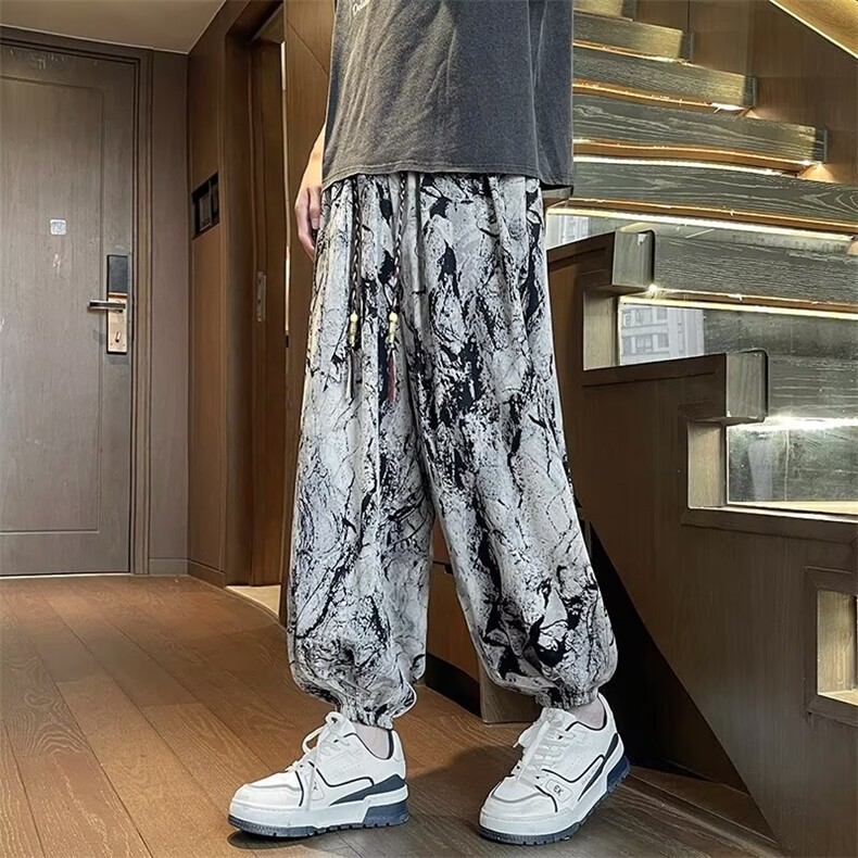 休闲裤潮宽松腰宽松型扎染泼墨休闲裤男束脚灯笼裤常规青少年X906,男装休闲裤,星座506