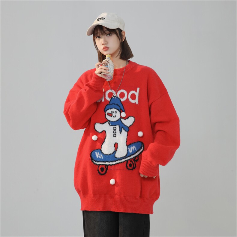 M8198/P70圣诞节主题新年款毛衣男女同款宽松大码红色针织衫外套，女装针织衫/毛衣，电商A141