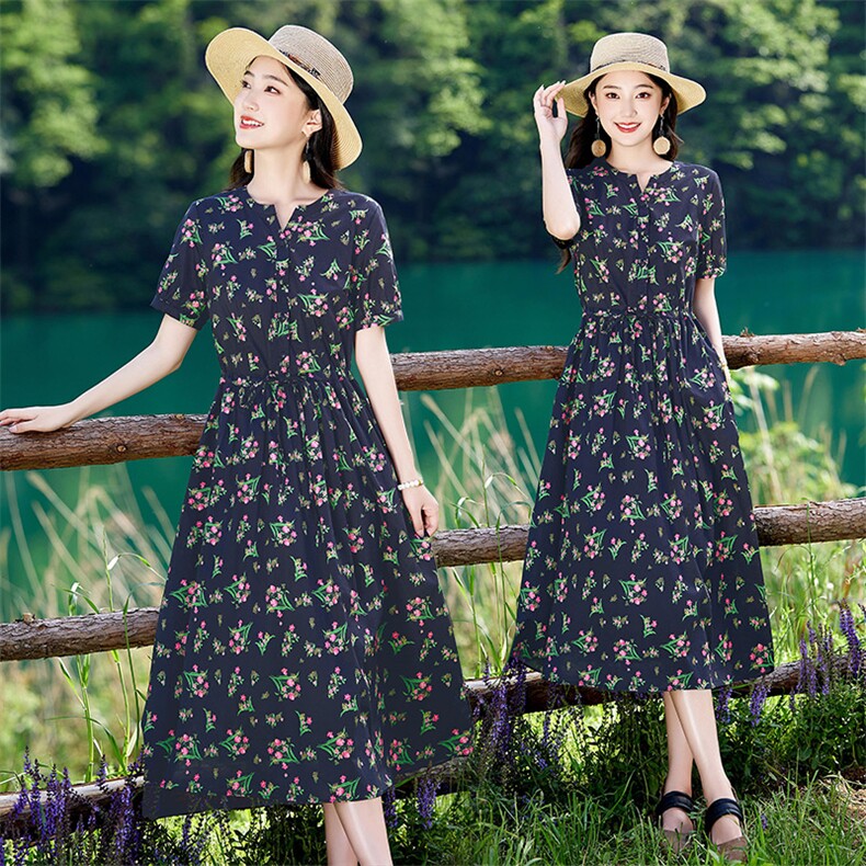 高级感复古碎花纯棉短袖连衣裙女2026夏季新款收腰显瘦气质长裙子,女装连衣裙,倪叶myz