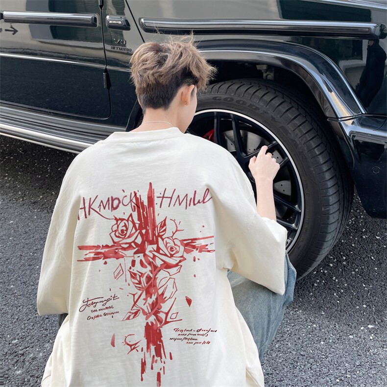 图案已注册夏季美式重磅复古短袖T恤男潮宽松半袖体恤衫D175/P25，男装T恤，电商B209