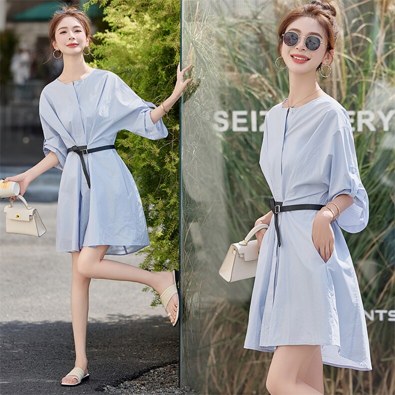 2025年夏季新款度假系列双腰带甜美纯棉韩系休闲感衬衫连衣裙短裙，女装连衣裙，米莱