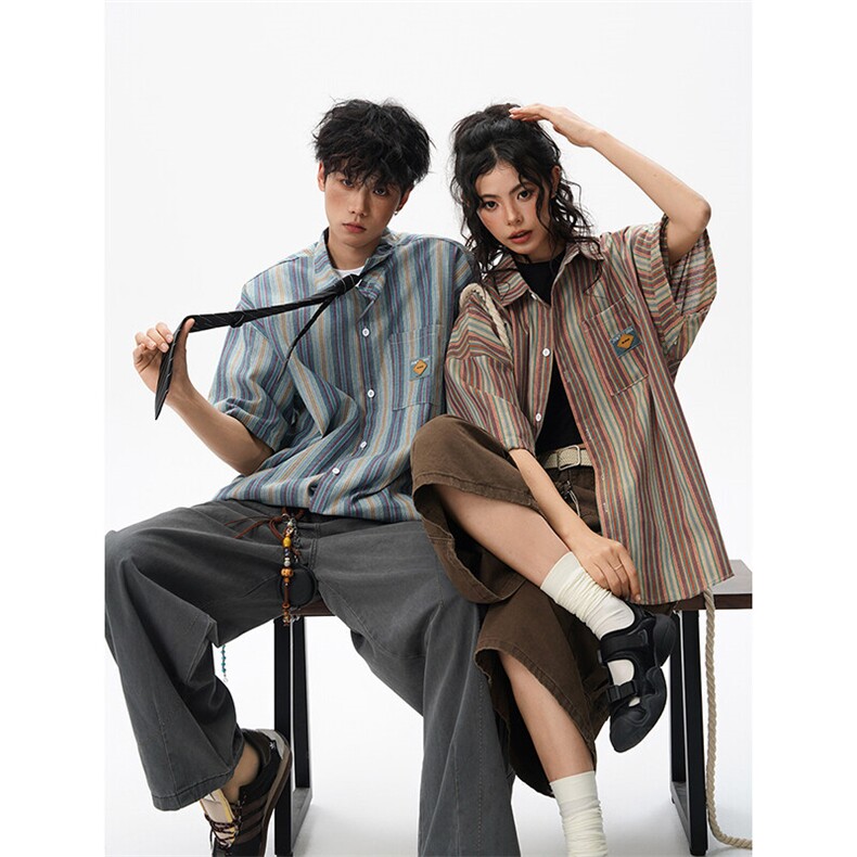 复古港风慵懒松弛感日系短袖条纹衬衫夏季情侣装短袖外套CS530P48，男装衬衫，电商D206-1