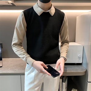男士休闲长袖衬衫春秋季外穿针织衫修身潮翻领假两件毛衣 S575图片