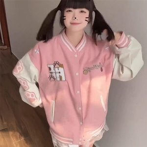 龙凤棉+PU美式复古猫爪刺绣撞色棒球服慵懒风宽松百搭外套图片