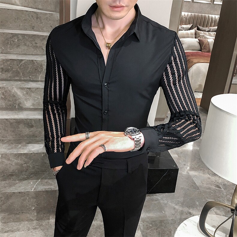 2021春秋男衬衫英伦长袖蕾丝拼接上衣韩版修身四季纯色衬衣C08特P40,男装衬衫,星座419（原A233）