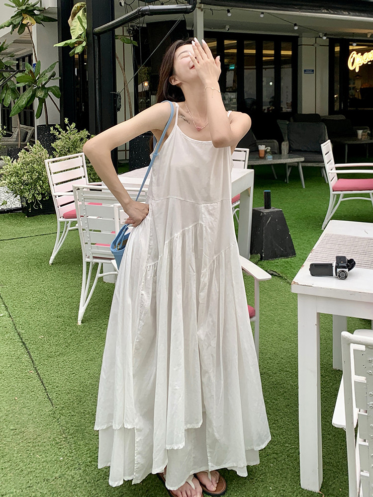 法式初恋白色连衣裙女2025年夏季新款甜美温柔风海边度假吊带长裙,女装连衣裙,诺蝶
