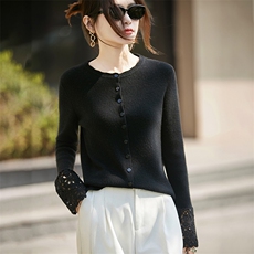 2025秋冬百搭时尚简约袖口袖花开衫，女装羊毛衫，邦太羊绒