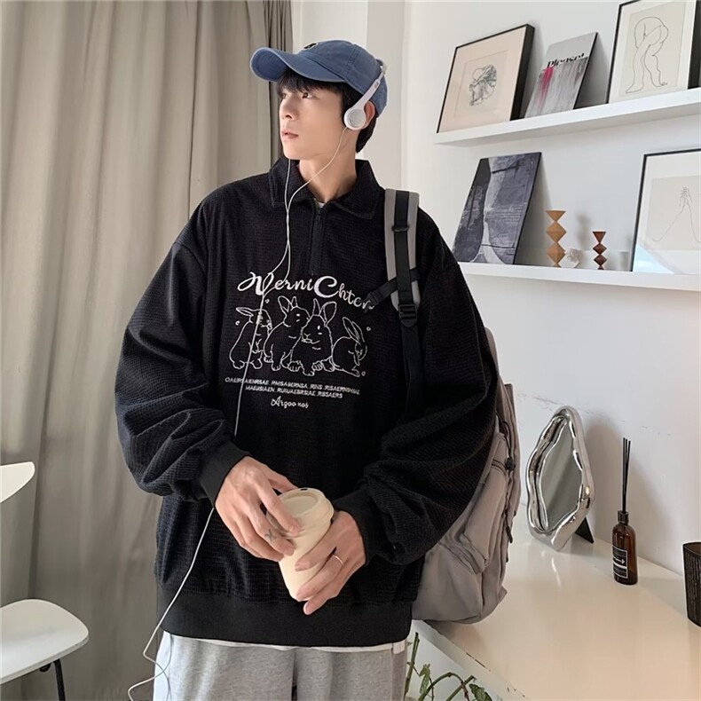 2023新款春季兔子刺绣长袖POLO衫潮牌街头宽松情侣卫衣W6910-P38,男装卫衣,星座512-2