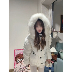 1506-1/M79151/P99白色连帽毛领棉服宽松保暖百搭氛围感棉衣男女图片