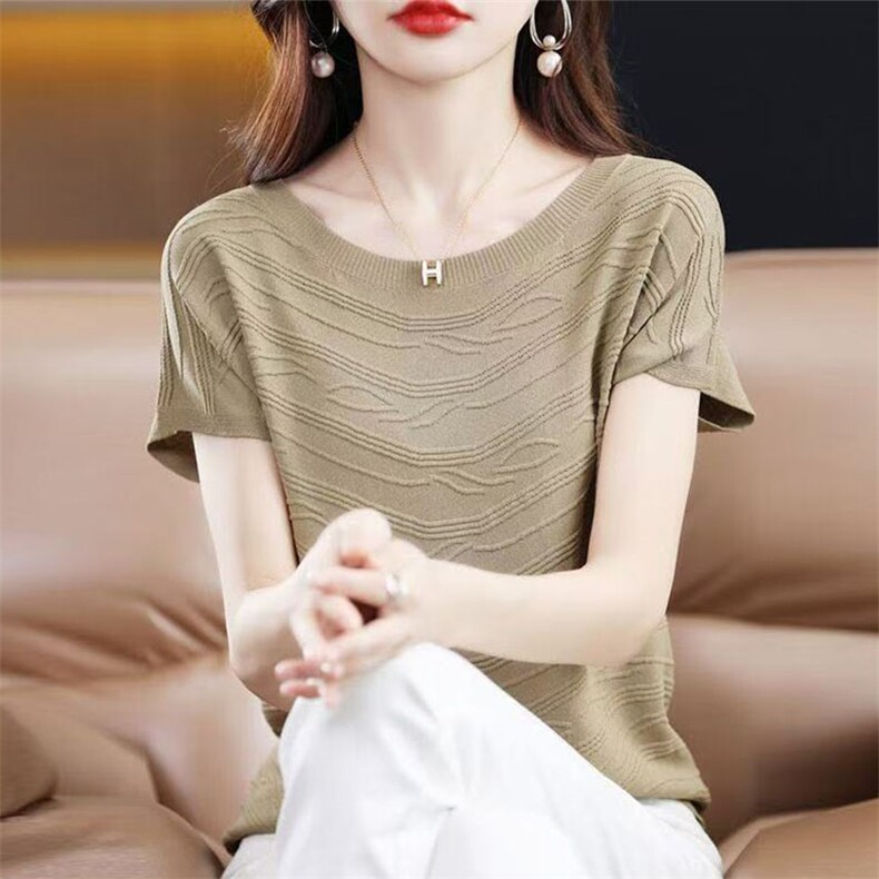 夏季新款圆领天丝短袖t恤女针织百搭曲珠冰丝打底衫薄款半袖上衣，女装T恤，萱芳婷羊绒