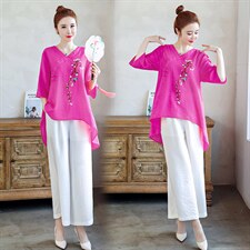 2021夏季新款简约文艺复古刺绣休闲舒适棉麻两件套，女装套装/套裙，韩宇舍