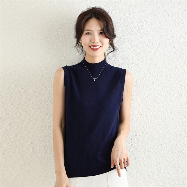 精纺羊毛无袖半高领女士简约百搭上衣，女装T恤，高粱穗羊绒