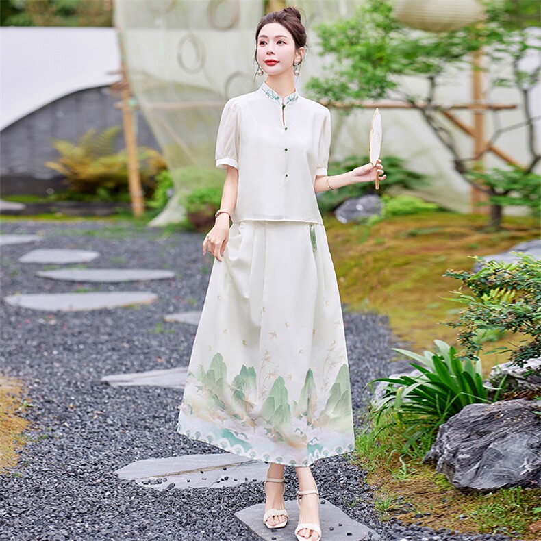 芷墨夏季新款复古新中式清冷优雅套装日常通勤显瘦上衣半身裙套装,商品下架区,芷墨服饰