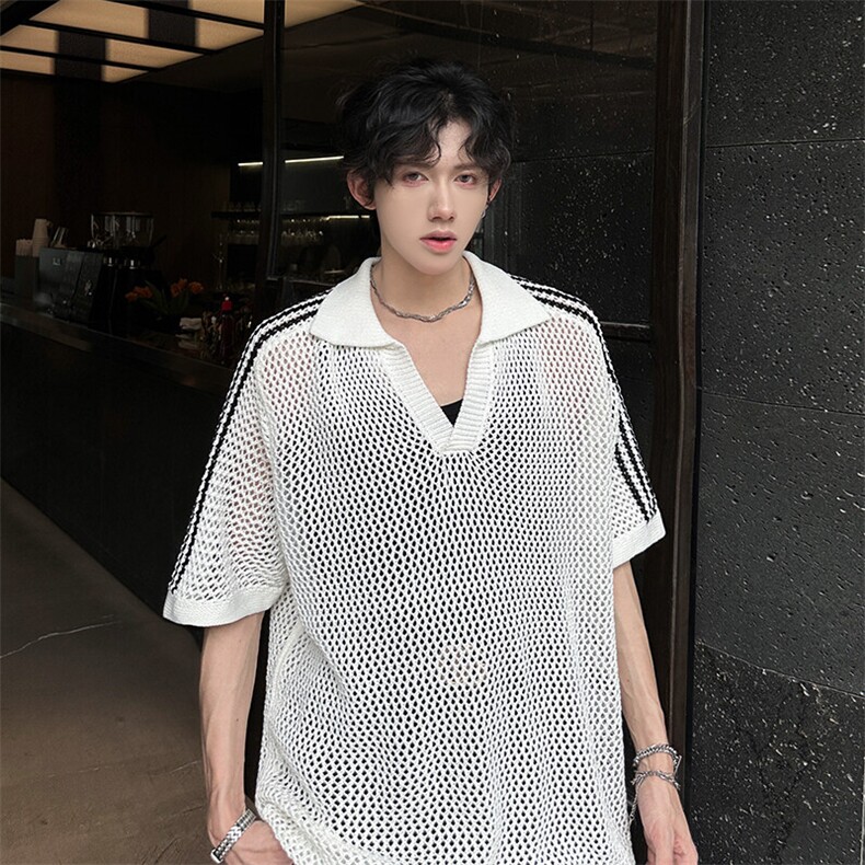 夏季镂空条纹三条杠透气网眼针织polo衫潮V领上衣A071-902-P55,男装Polo衫,电商A071