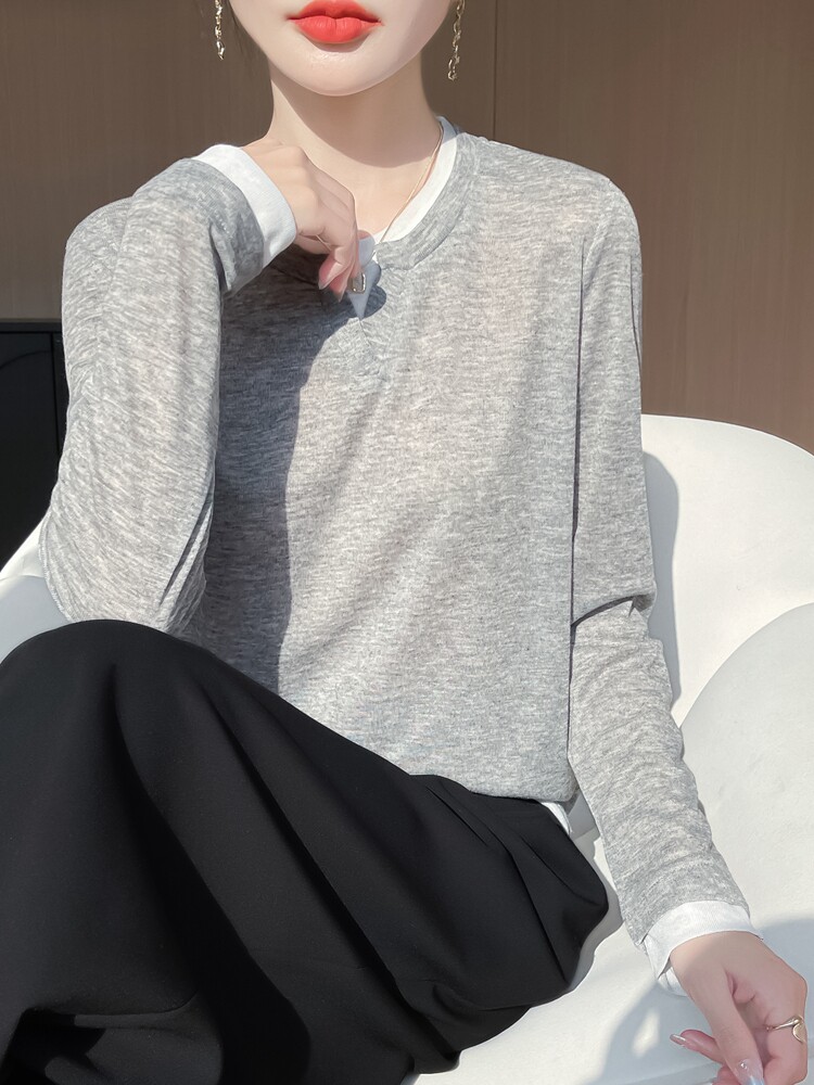 长袖针织打底衫女新薄款宽松上衣POLO领,针织衫/毛衣,绒宛羊绒